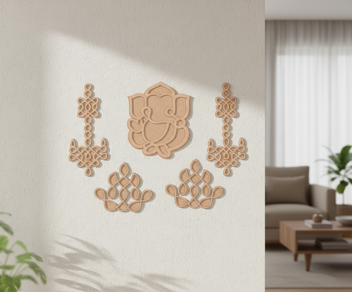 Decorative MDF DIY wall art pieces on a neutral wall with a living room in the background