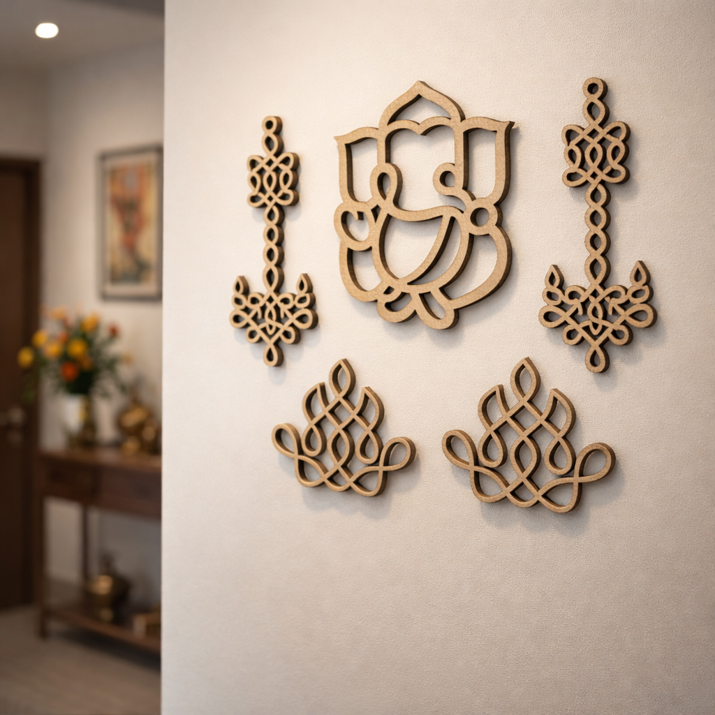 Decorative MDF DIY wall art pieces on a beige wall.