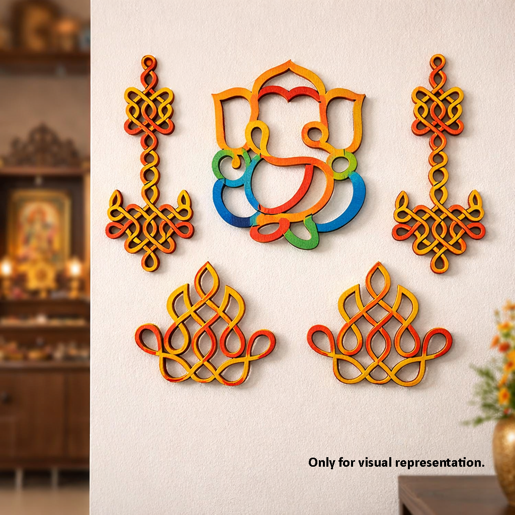 Colorful MDF DIY wall decorations on a white wall with a blurred background