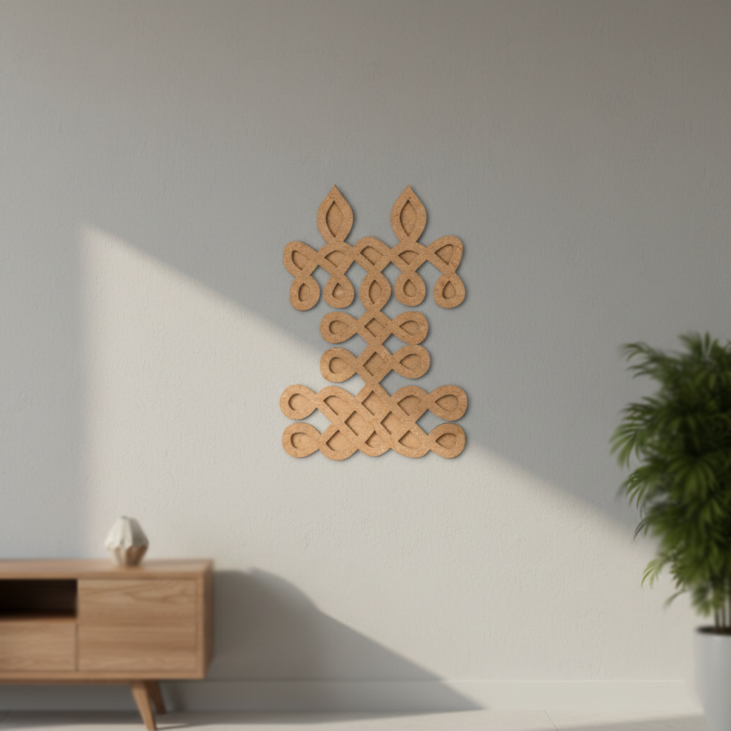 MDF DIY wall art with geometric pattern on a plain wall with a plant and wooden cabinet.
