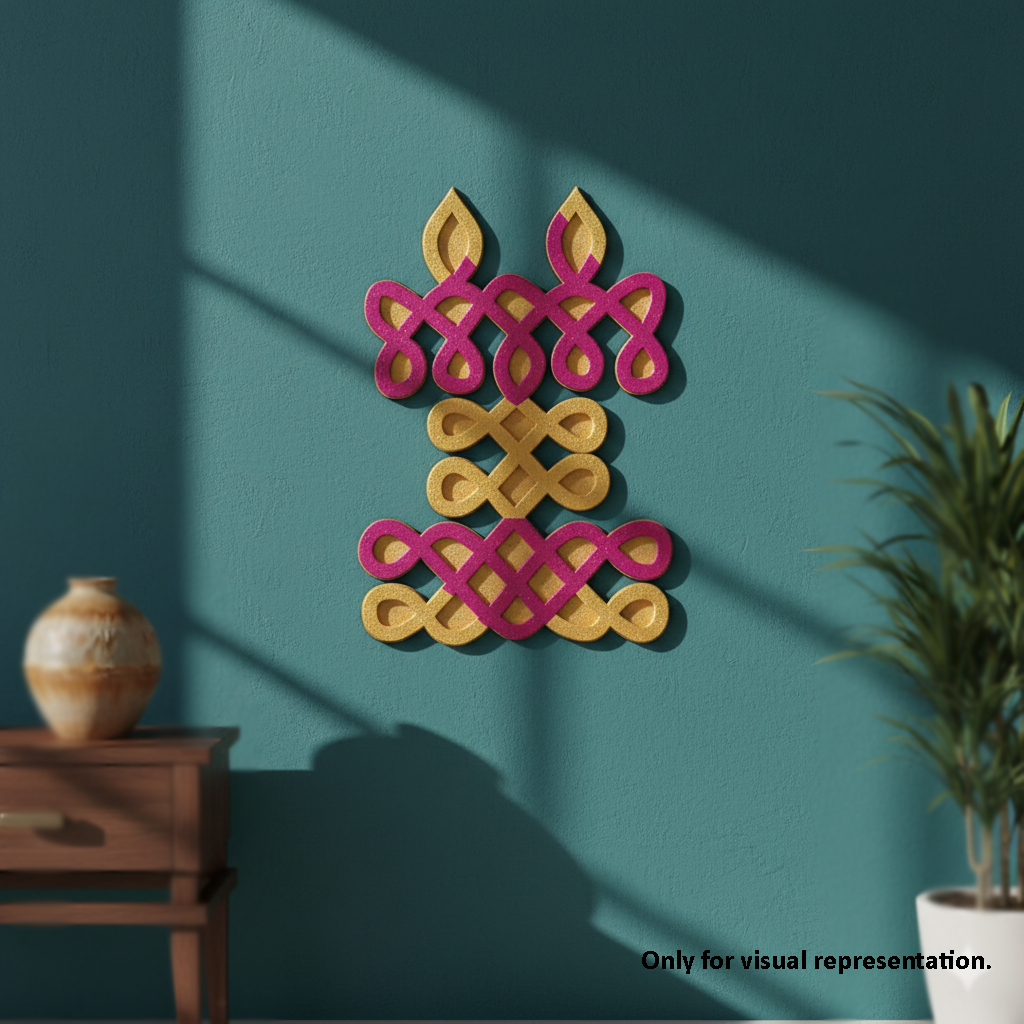 Decorative MDF DIY wall art with pink and gold patterns on a teal wall.