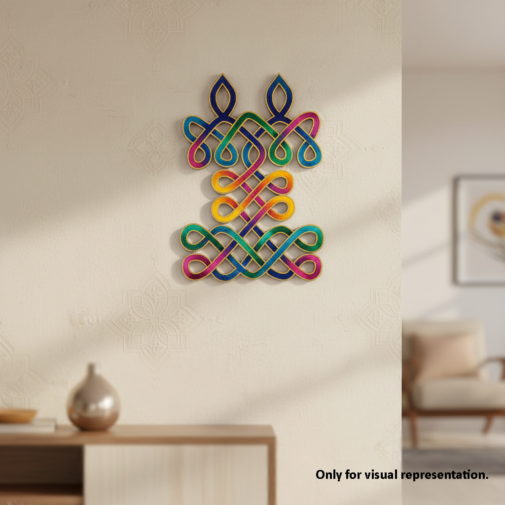 Colorful MDF DIY wall art piece on a neutral wall with a living room setting.