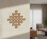 MDF DIY wall decor on a beige wall with a blurred living room in the background