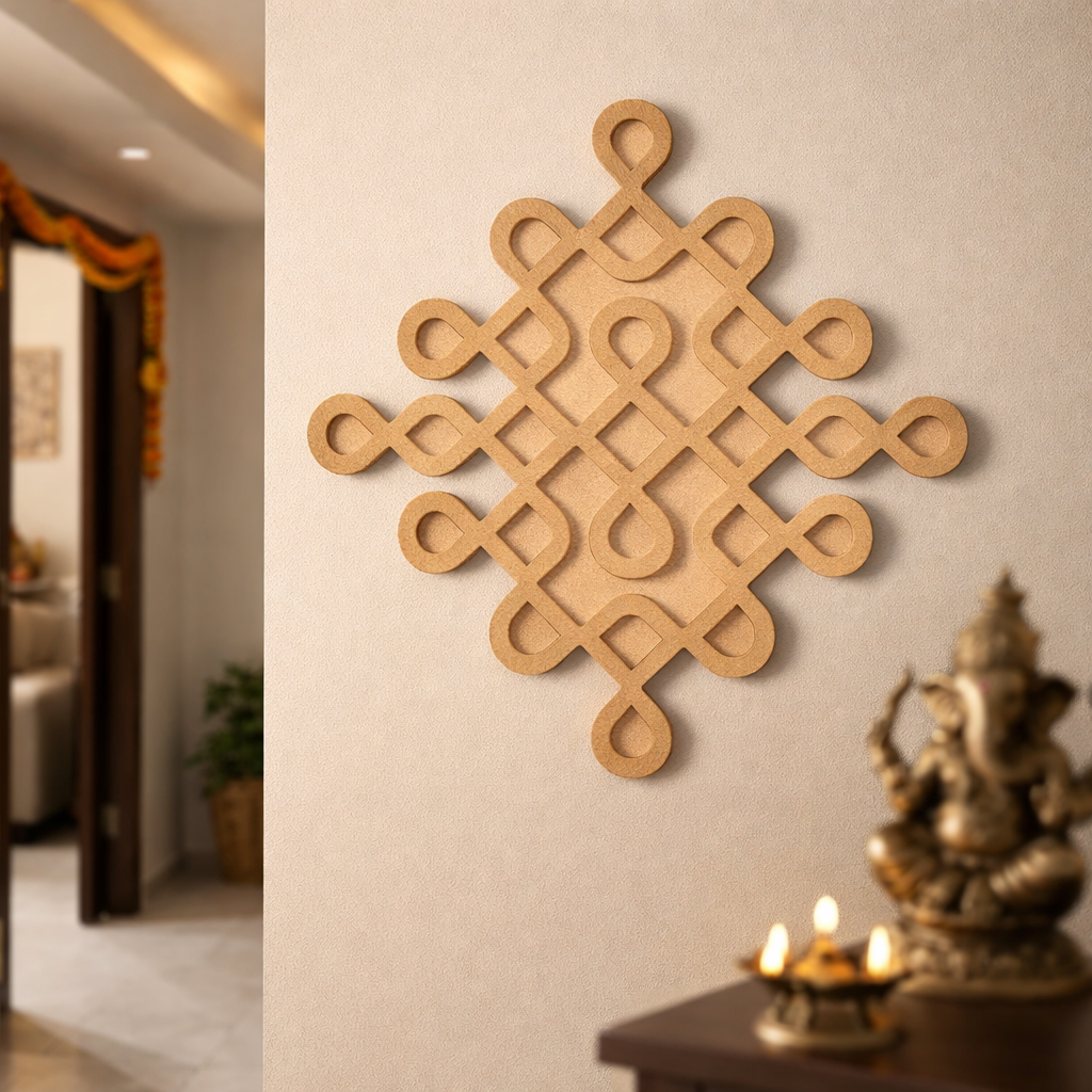 Decorative MDF DIY wall art with intricate patterns on a beige wall, next to a statue and candles.