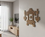 Decorative MDF DIY wall art on a plain wall with a blurred living room in the background
