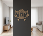 Decorative MDF DIY wall art of a chariot with an Om symbol in a living room setting.