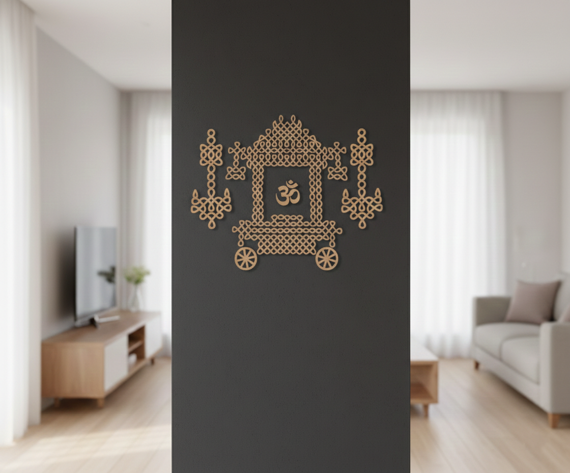 Decorative MDF DIY wall art of a chariot with an Om symbol in a living room setting.