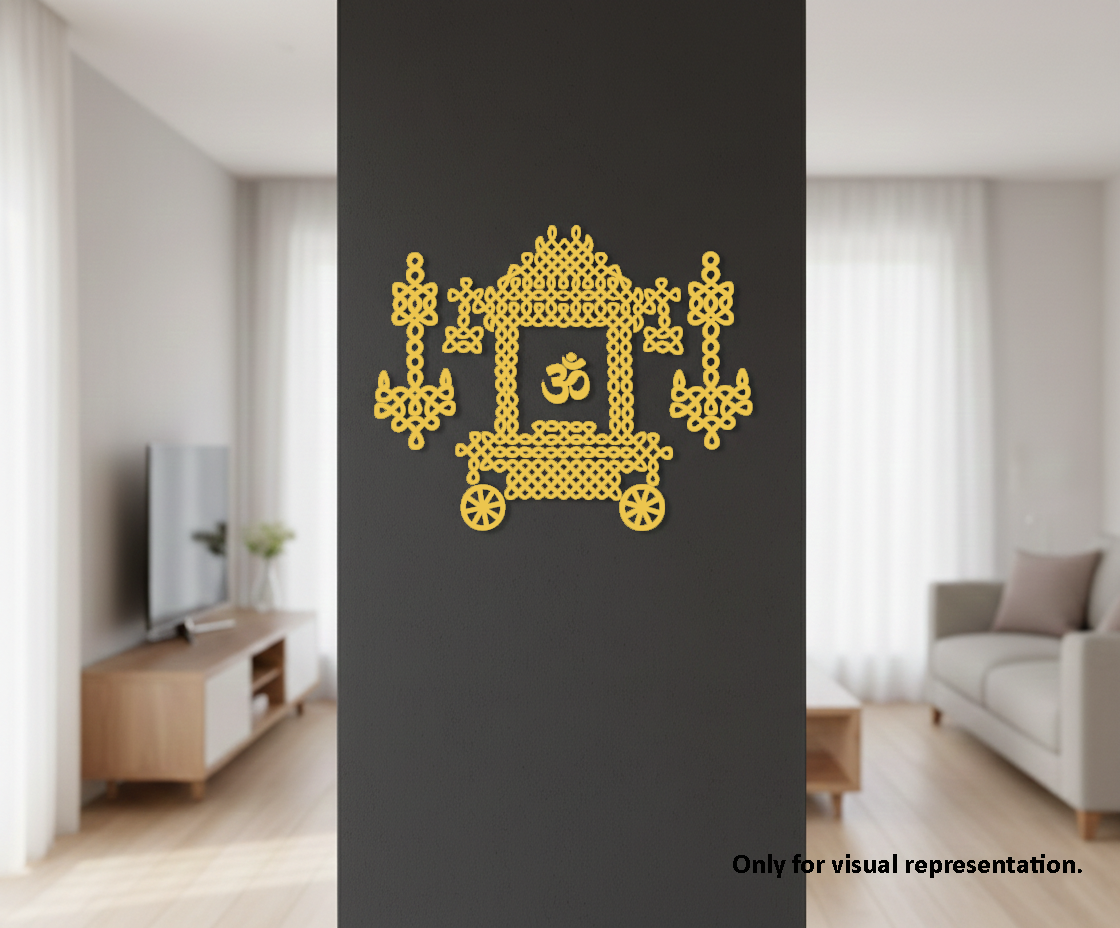 Decorative MDF DIY wall art of a chariot with an Om symbol in a living room setting.