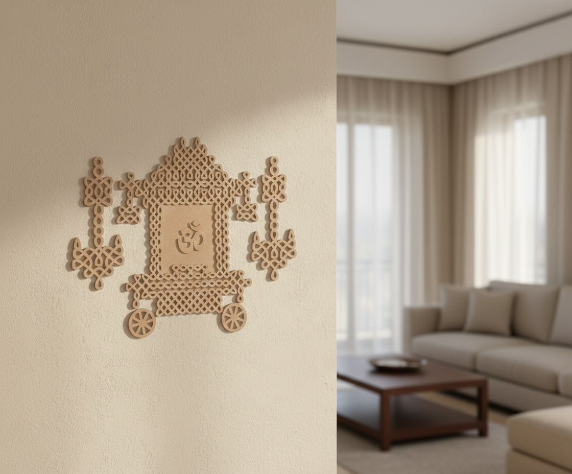Decorative MDF DIY wall art on a plain wall with a living room in the background