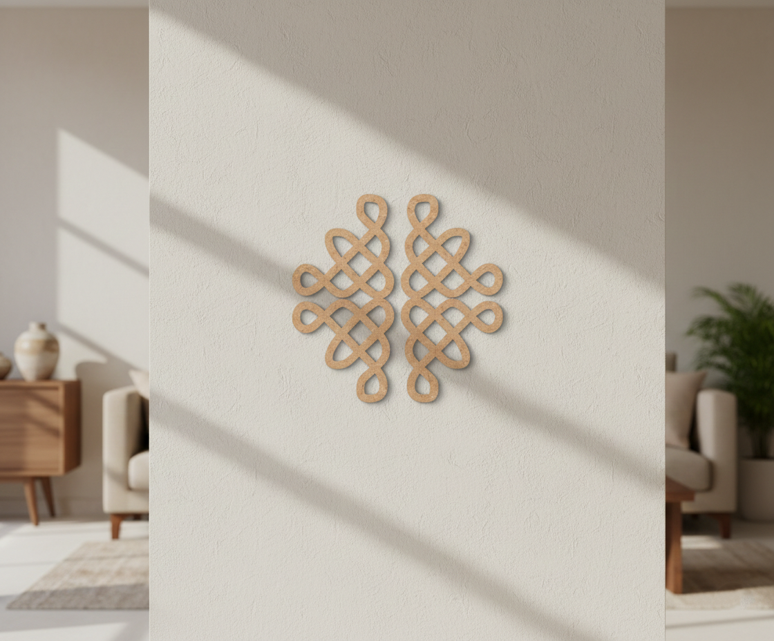 Decorative MDF DIY wall piece on a white wall with a living room setting