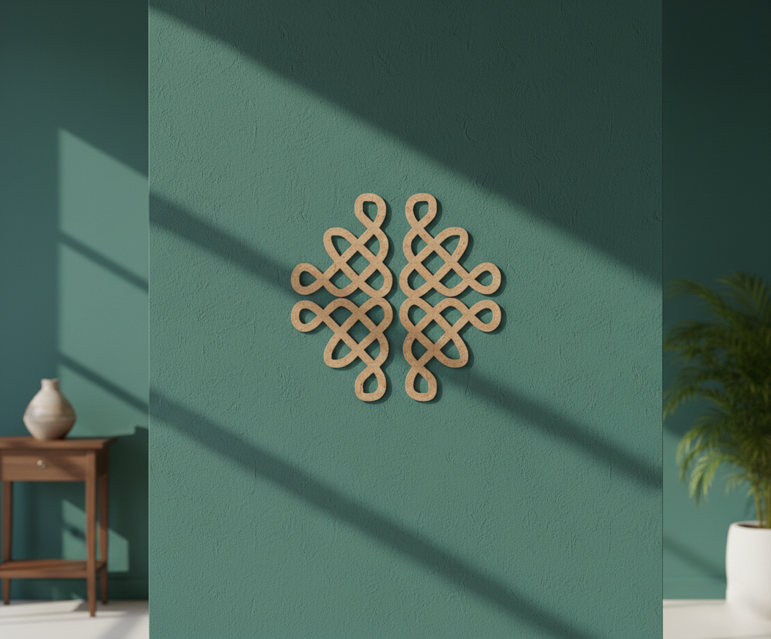 Decorative MDF DIY wall piece on a teal wall with a wooden side table and plant in the background