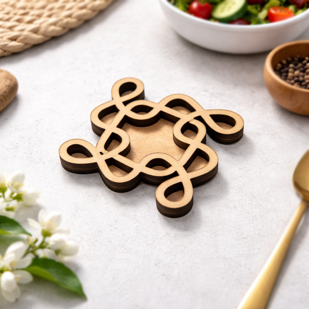 Decorative MDF DIY  kolam art with intricate design on a table with a salad and flowers.
