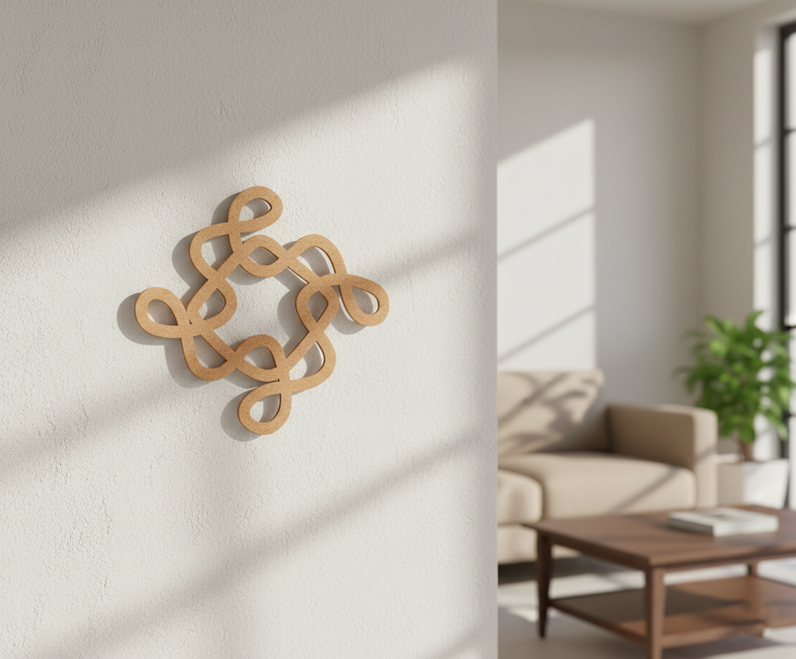 Decorative MDF DIY  wall piece on a white wall with a living room in the background