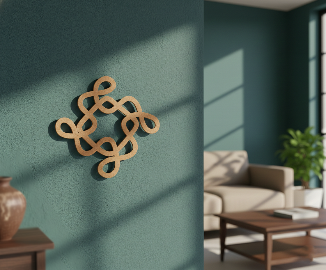 Decorative MDF DIY  wall piece on a teal wall with a living room in the background