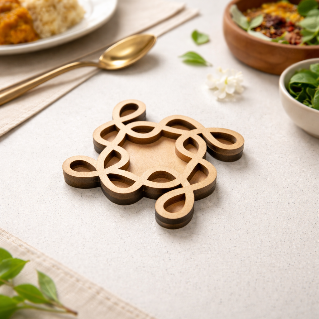 MDF DIY  kolam art with intricate design on a table with food and cutlery