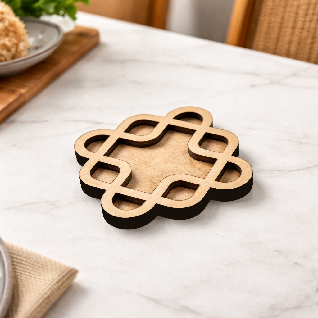 MDF DIY kolam art with geometric design on a white surface