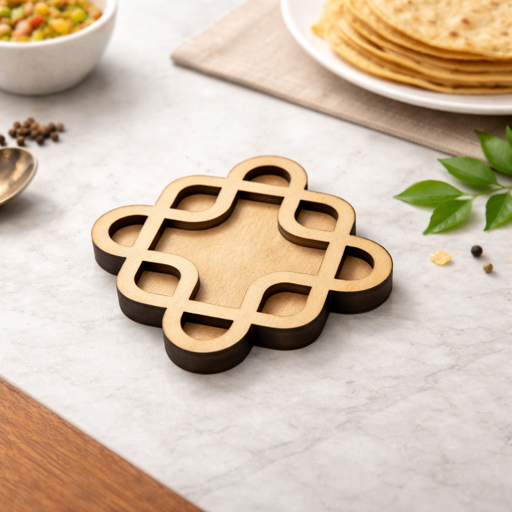 MDF DIY kolam art with decorative pattern on a table with food items