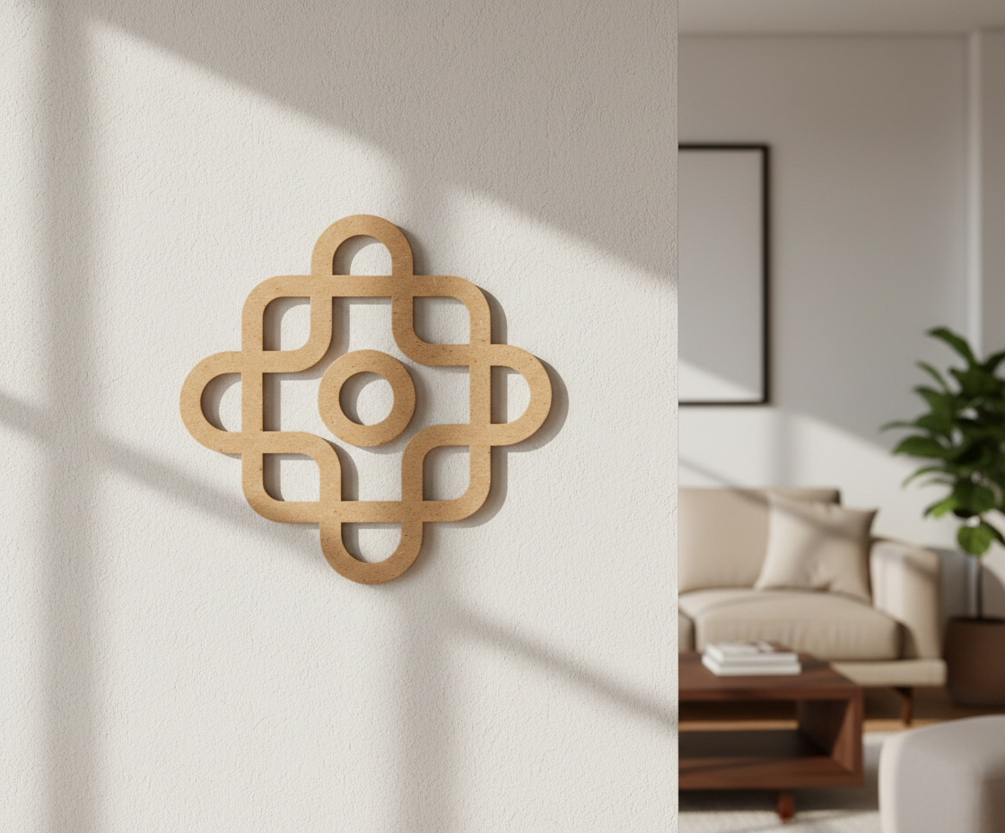 MDF DIY  wall art piece on a white wall with a living room setting.
