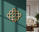 MDF DIY  wall art on a teal wall with a living room in the background