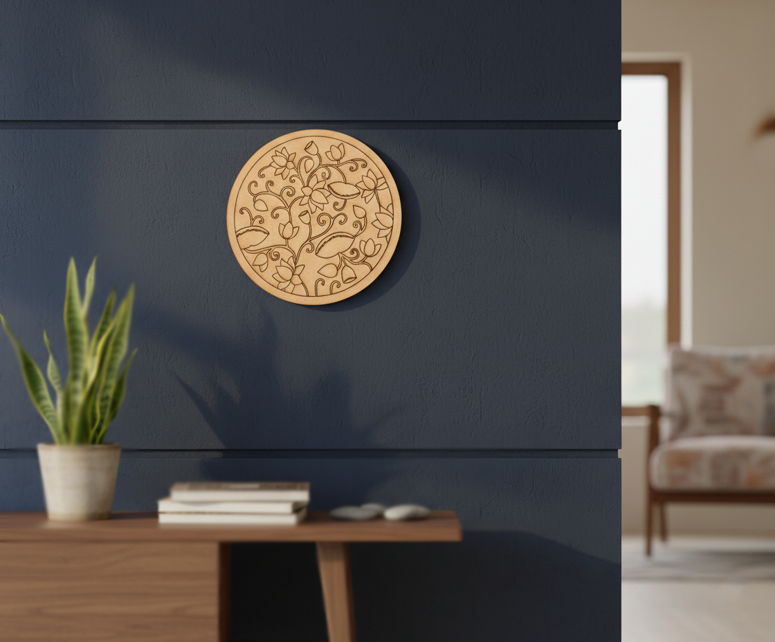 MDF lotus pre marked round base for DIY painting and craft projects, mounted on wall