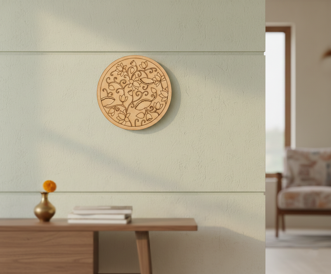 MDF lotus pre marked round base for DIY painting and craft projects, mounted on wall