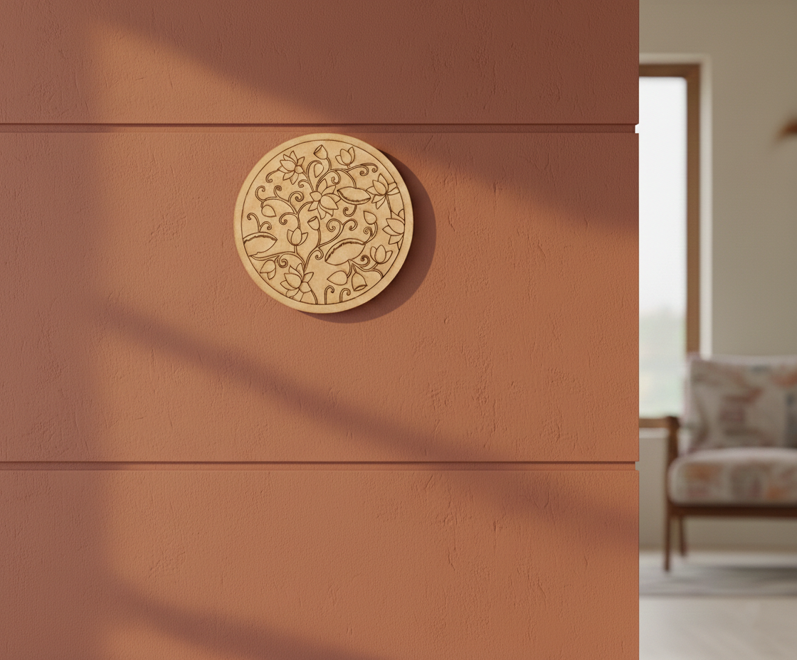 MDF lotus pre marked round base for DIY painting and craft projects, mounted on wall