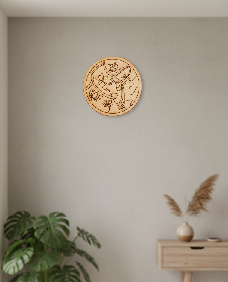 MDF cow pre marked round base for DIY painting and decorative craft projects, mounted on wall