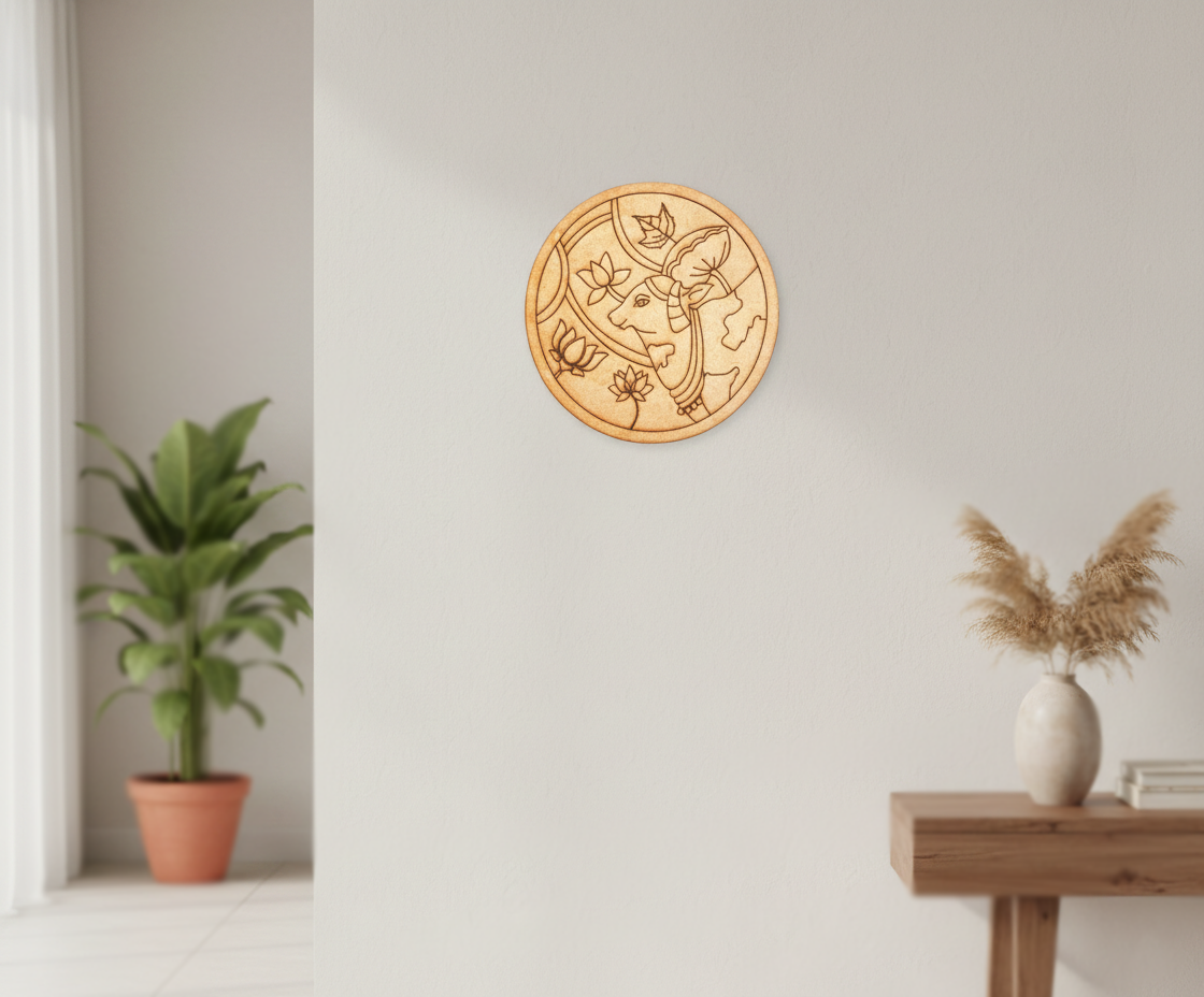 MDF cow pre marked round base for DIY painting and decorative craft projects, mounted on wall