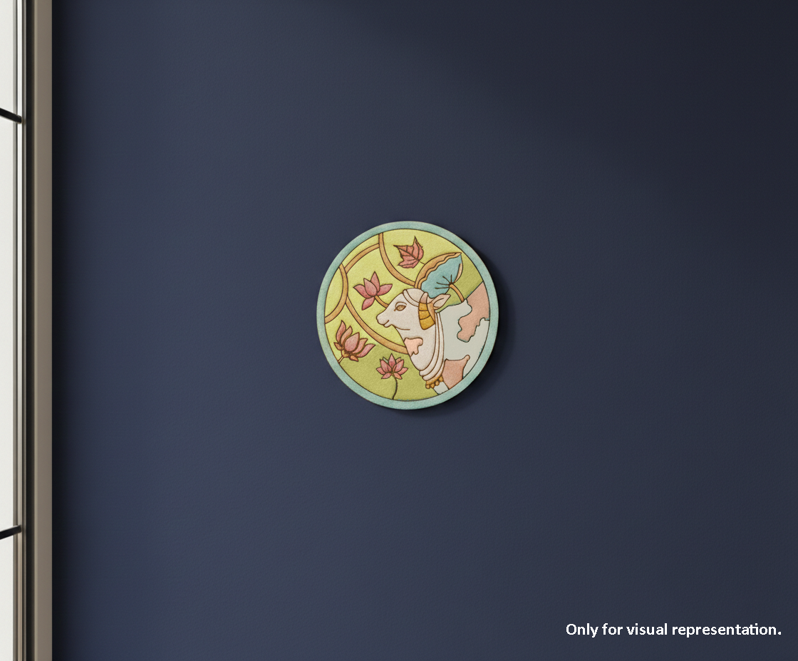 Painted MDF cow pre marked round base for DIY painting and decorative craft projects, mounted on wall