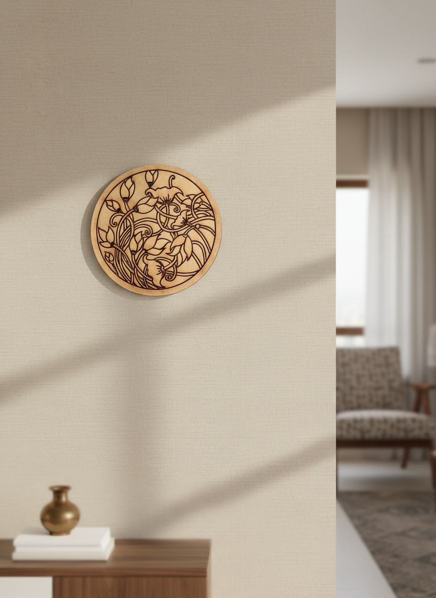 MDF floral pre marked round base for DIY painting and decorative craft projects, mounted on wall