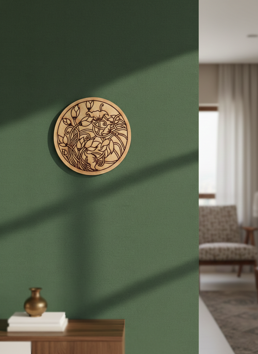 MDF floral pre marked round base for DIY painting and decorative craft projects, mounted on wall