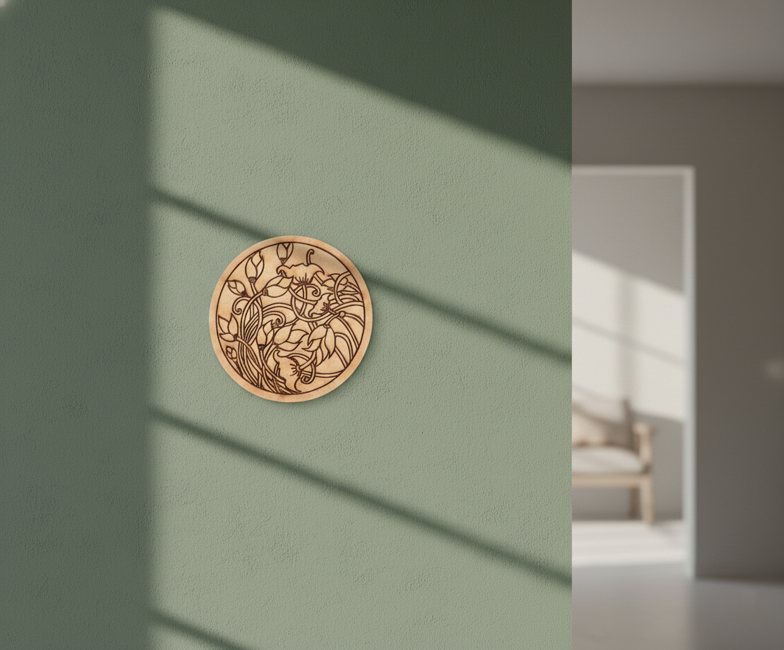 MDF floral pre marked round base for DIY painting and decorative craft projects, mounted on wall