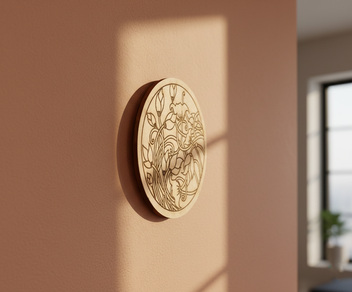 MDF floral pre marked round base for DIY painting and decorative craft projects, mounted on wall show by side angle