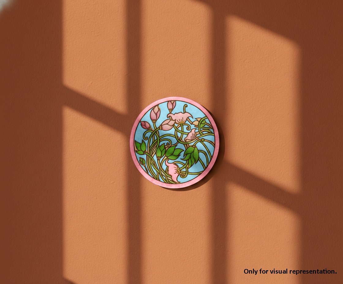 Painted MDF floral pre marked round base for DIY painting and decorative craft projects, mounted on wall