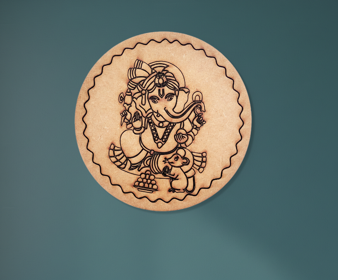 MDF Ganesha pre marked round base for DIY painting and decorative craft projects, mounted on wall