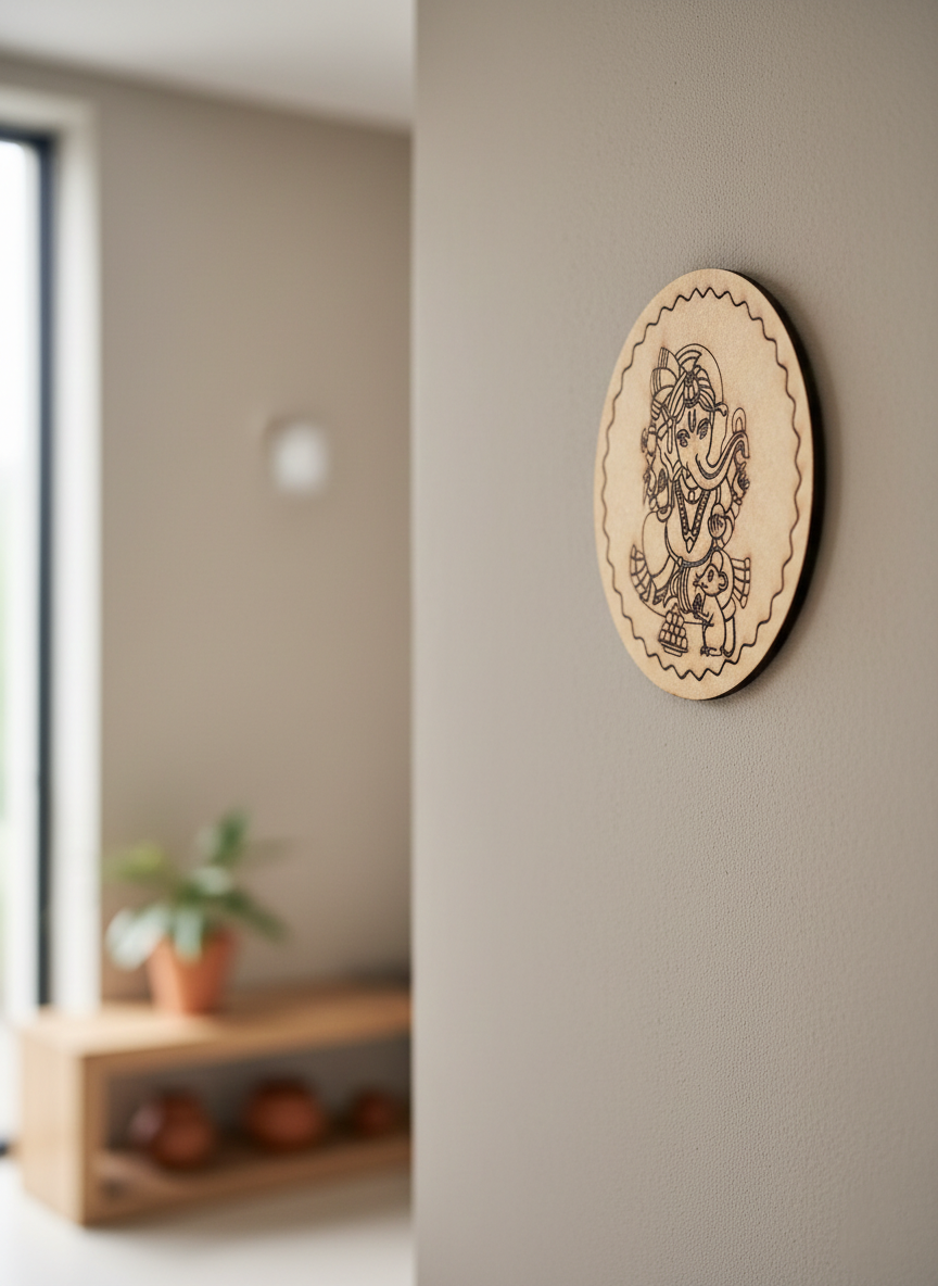 MDF Ganesha pre marked round base for DIY painting and decorative craft projects, mounted on wall show by side angle