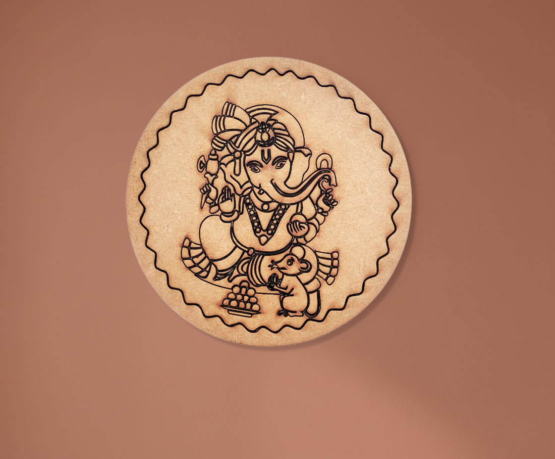 MDF Ganesha pre marked round base for DIY painting and decorative craft projects, mounted on wall