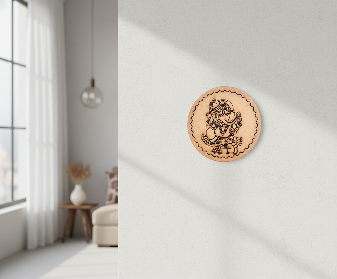 MDF Ganesha pre marked round base for DIY painting and decorative craft projects, mounted on wall