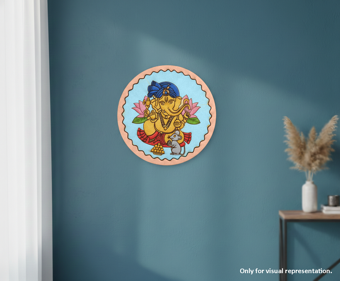 painted MDF Ganesha pre marked round base for DIY painting and decorative craft projects, mounted on wall