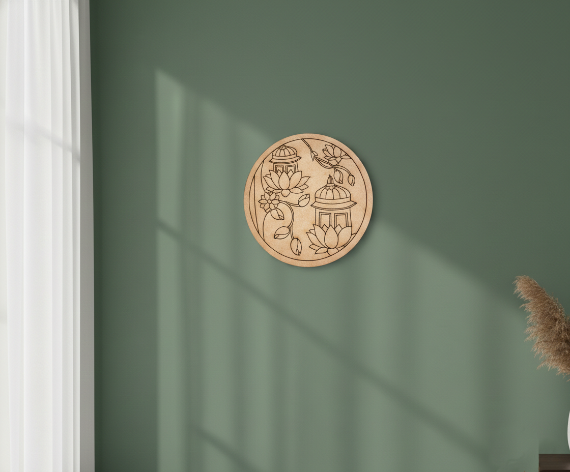 MDF lantern and lotus pre marked round base for DIY painting and craft projects, mounted on wall