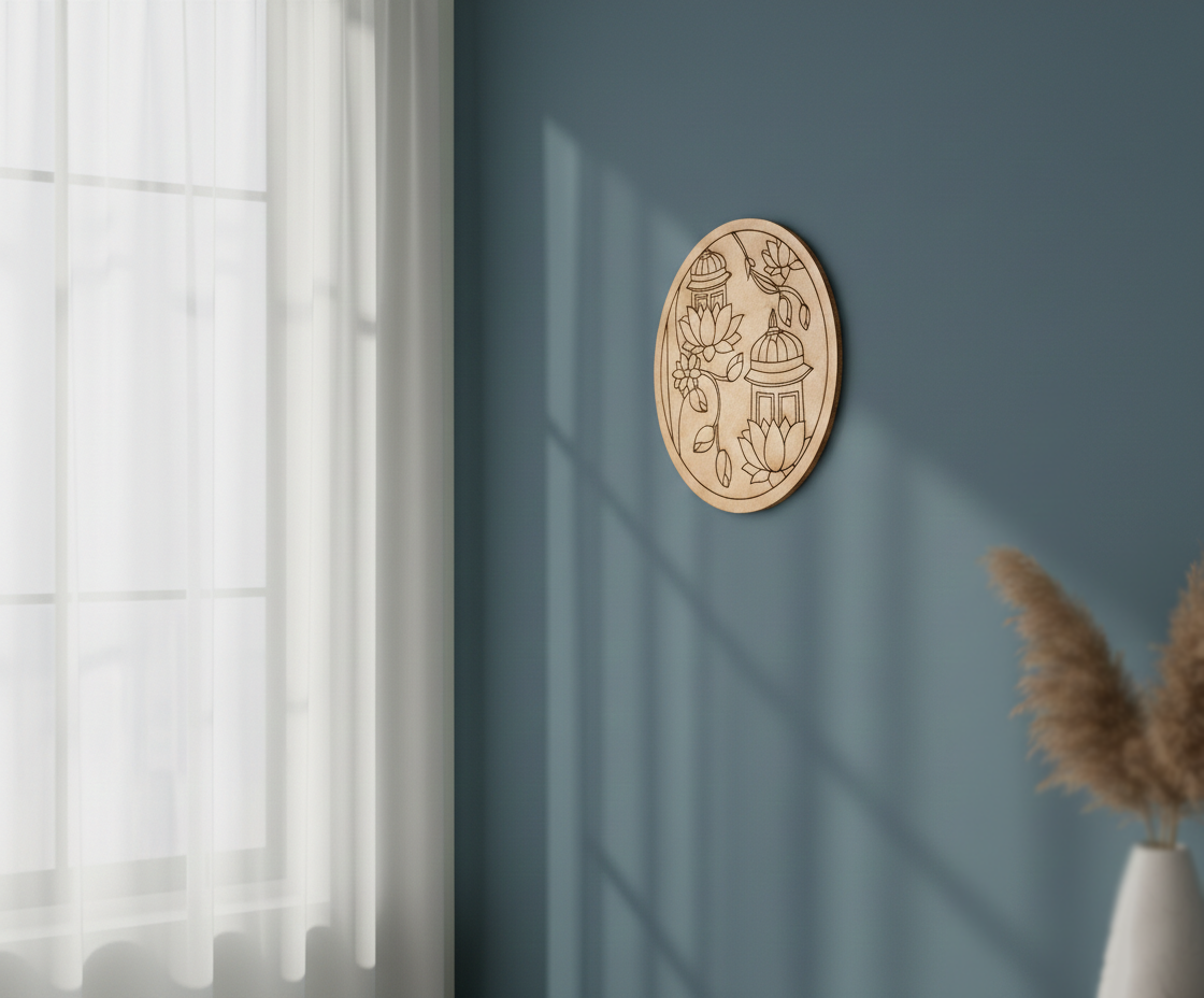 MDF lantern and lotus pre marked round base for DIY painting and craft projects, mounted on wall