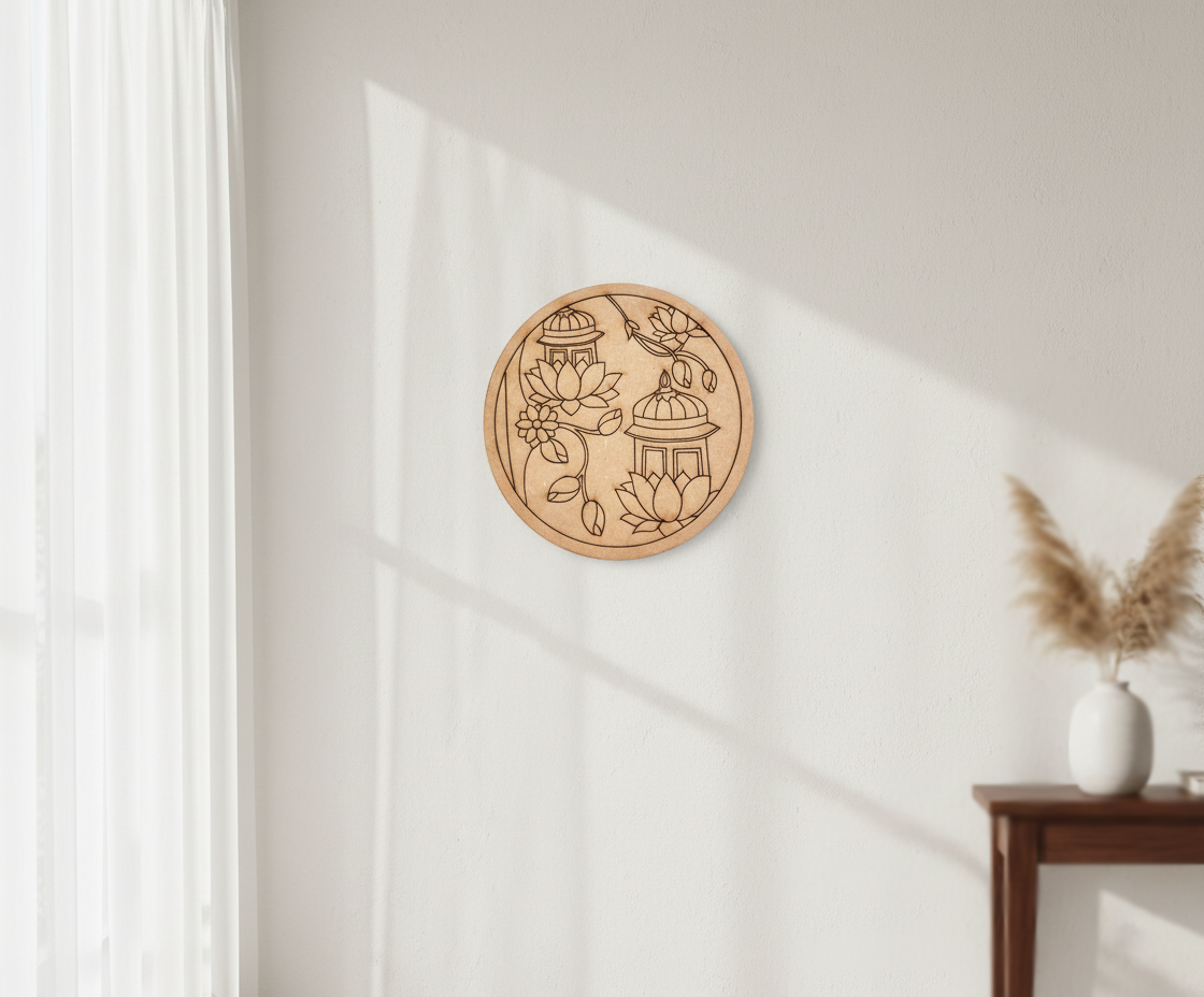 MDF lantern and lotus pre marked round base for DIY painting and craft projects, mounted on wall