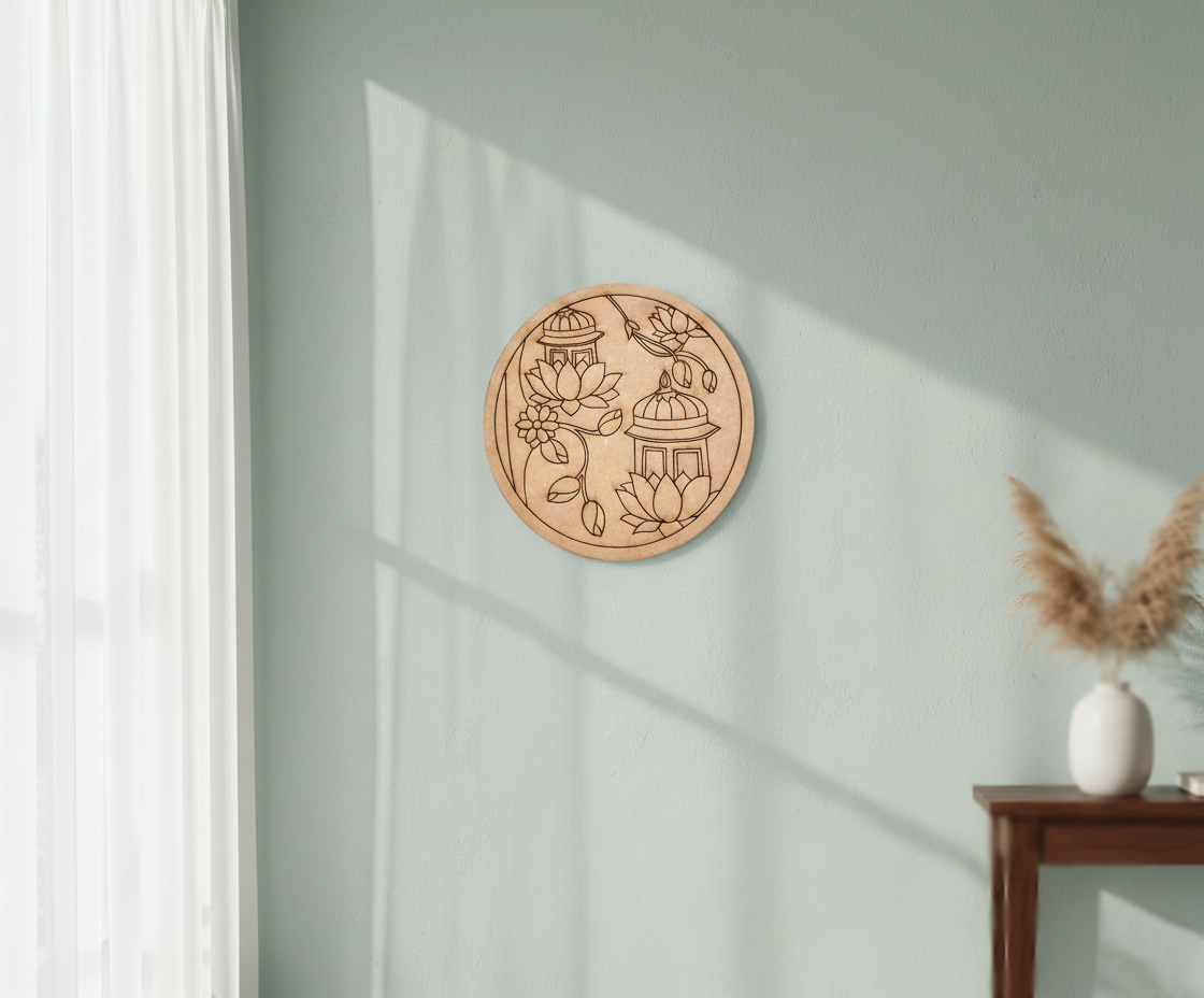 MDF lantern and lotus pre marked round base for DIY painting and craft projects, mounted on wall
