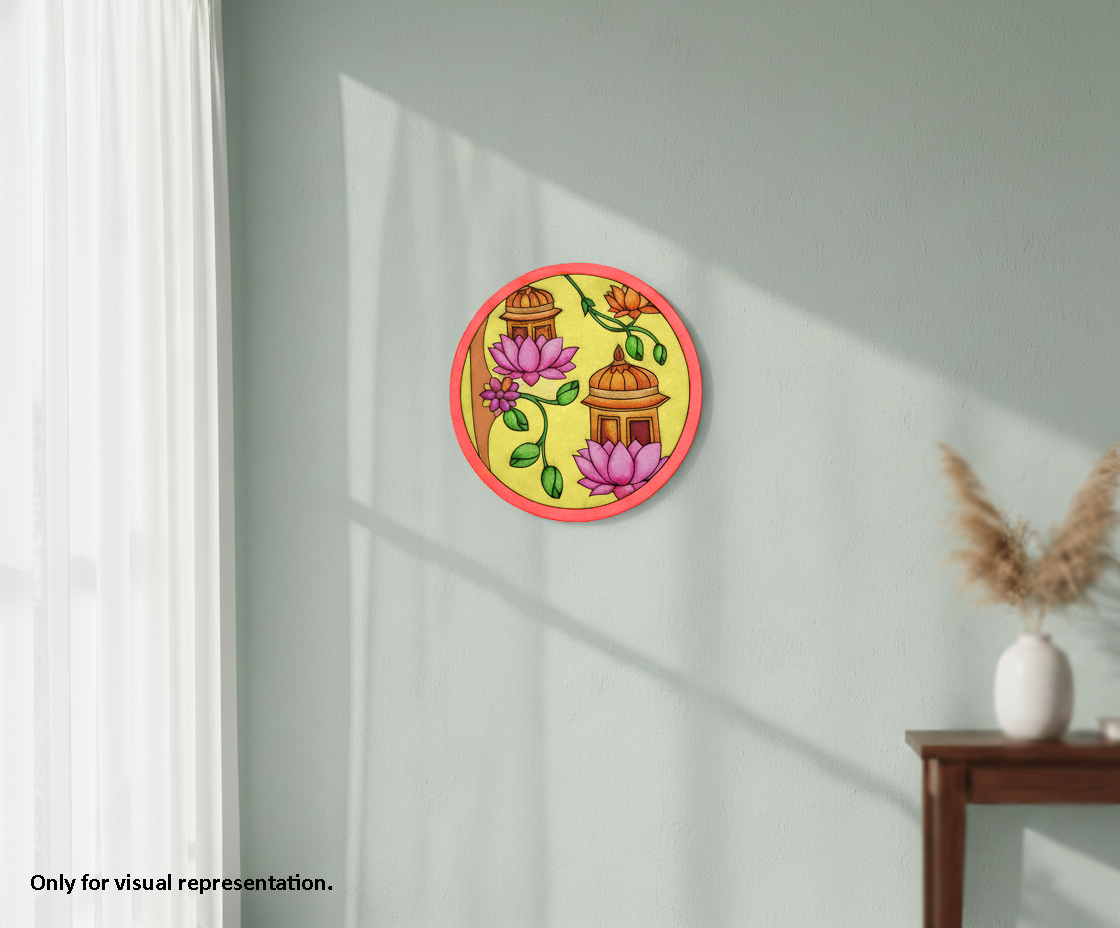 Painted MDF lantern and lotus pre marked round base for DIY painting and craft projects, mounted on wall