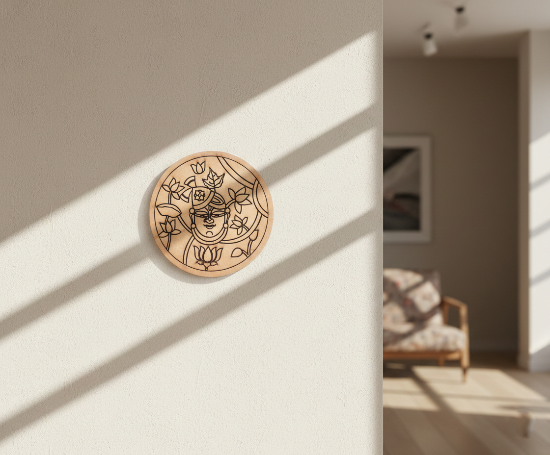 MDF goddess pre marked round base for DIY painting and decorative craft projects, mounted on wall