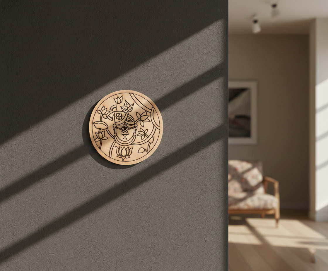 MDF goddess pre marked round base for DIY painting and decorative craft projects, mounted on wall