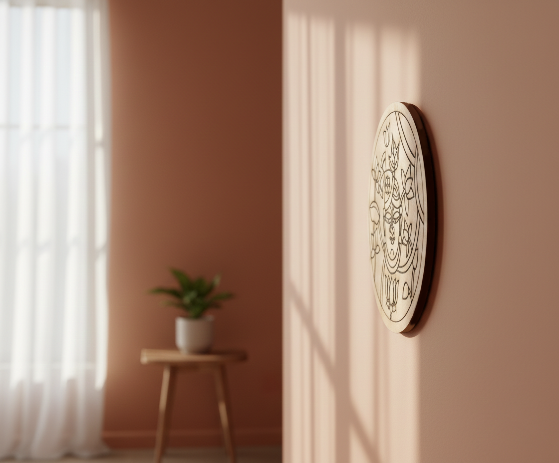 MDF goddess pre marked round base for DIY painting and decorative craft projects, mounted on wall show by side angle 