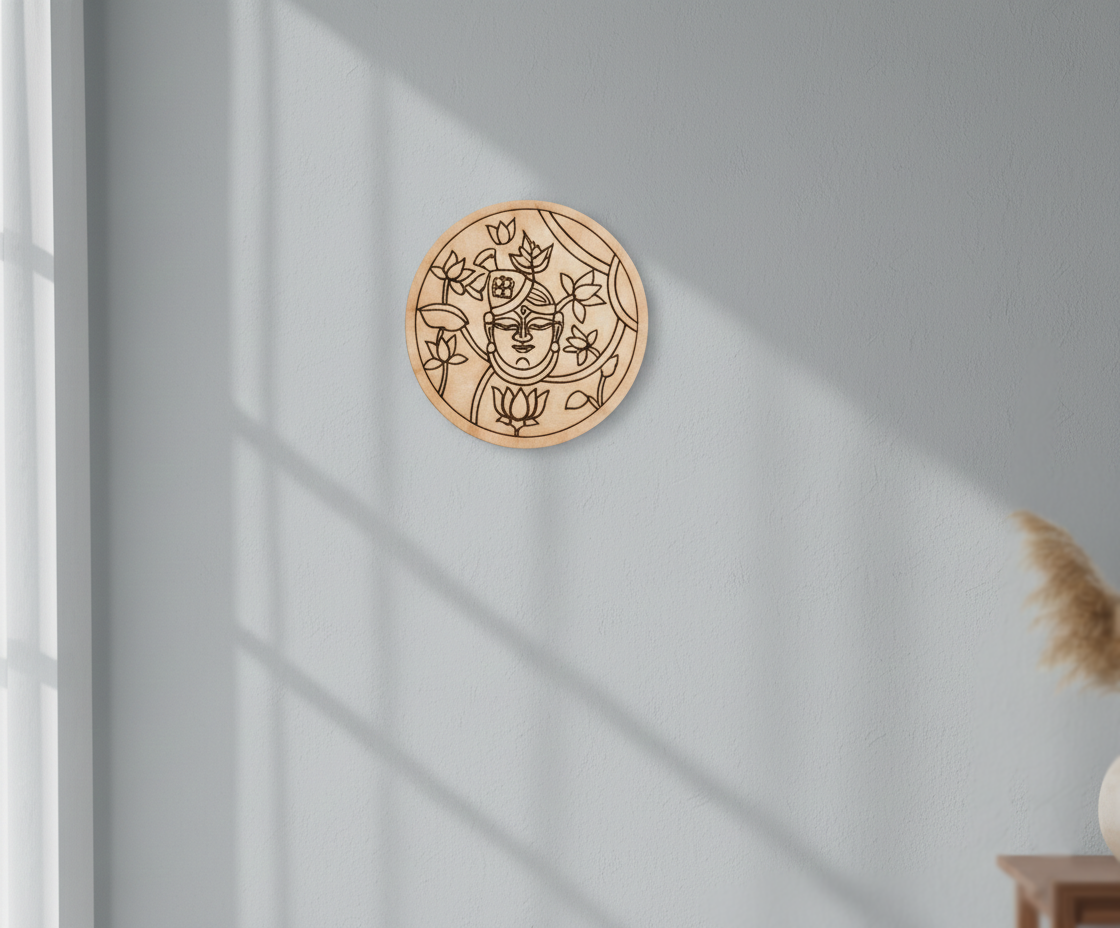 MDF goddess pre marked round base for DIY painting and decorative craft projects, mounted on wall