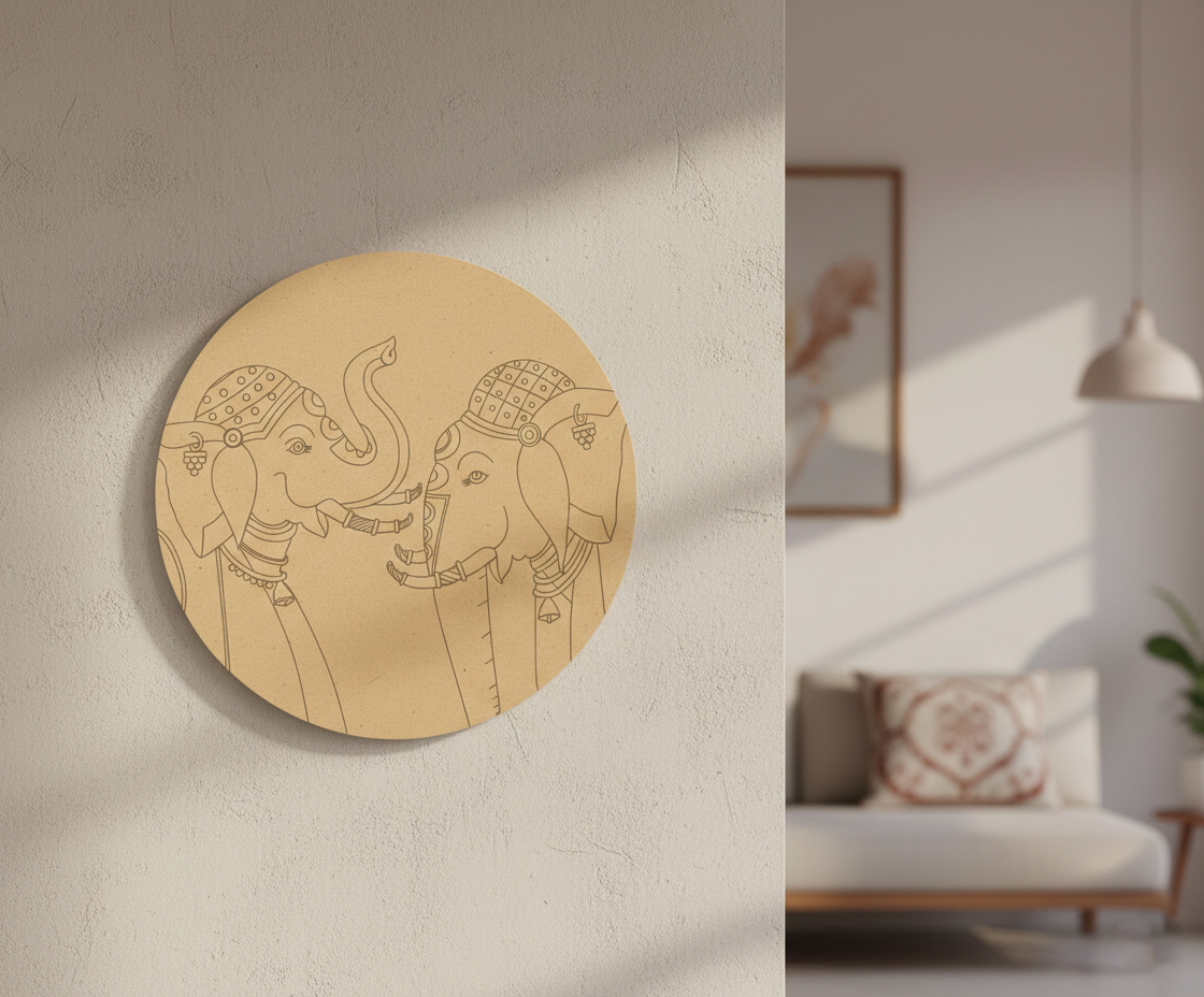 MDF elephant pre marked round base for DIY painting and decorative craft projects, mounted on wall