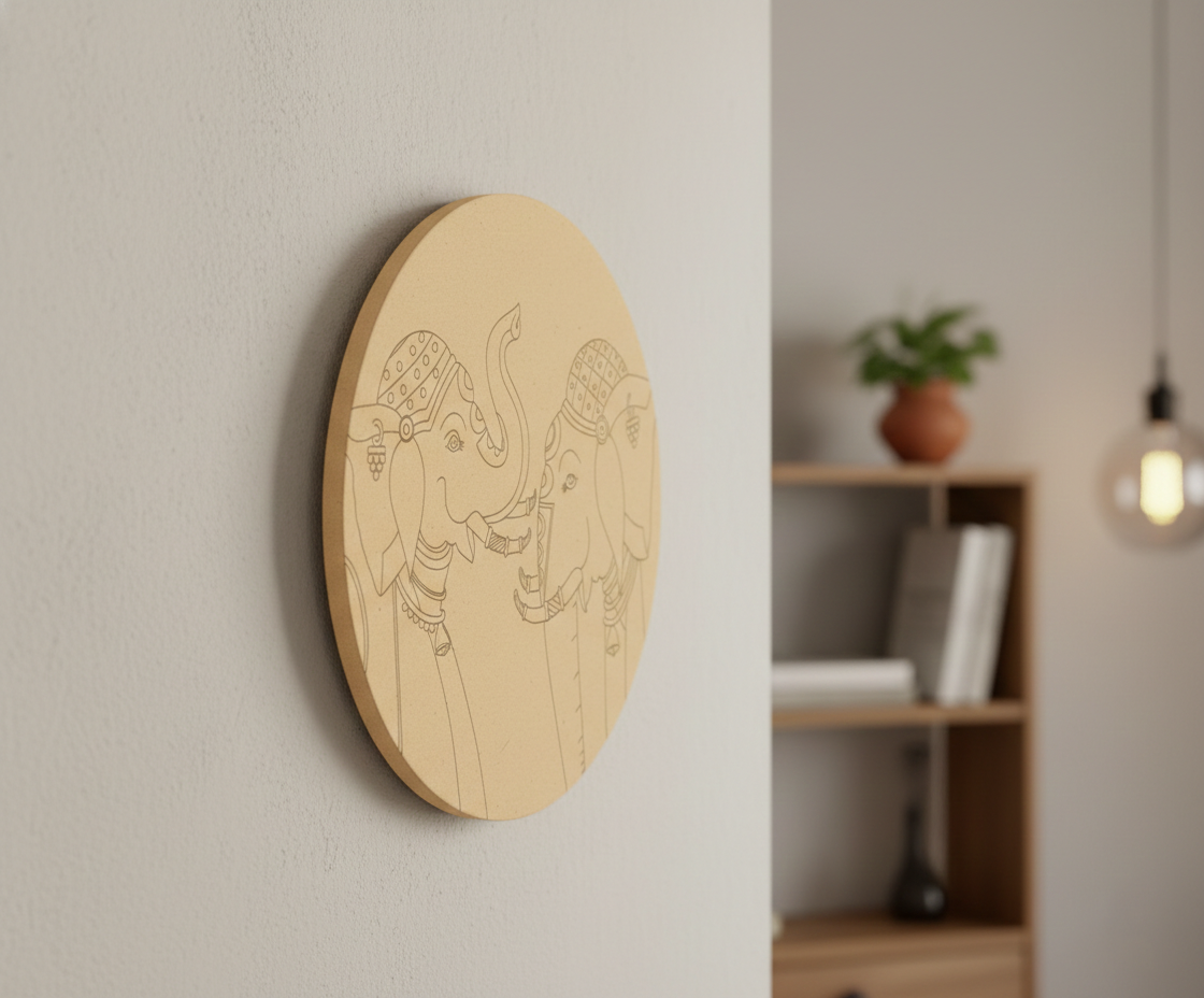MDF elephant pre marked round base for DIY painting and decorative craft projects, mounted on wall show by side angle 